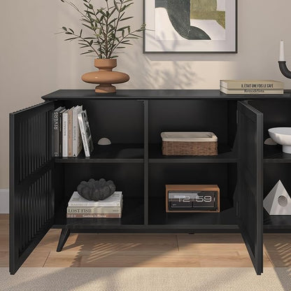 Plank+Beam Mid-Century Modern Wood TV Stand, Three Door Solid Wood Entertainment Console with Storage, 59" L x 16" W x 30" H, Black