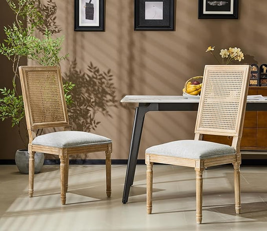 Merax Upholstered Solid Wood Dining Chairs Set of 2, French Country Style Accent Side Seating Furniture for Kitchen, Living Room, Wicker Back, Grayish Green