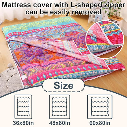 Bohemian Retro Japanese Floor Mattress, Vintage Floral Tatami Floor Mat, Portable Roll up Futon Mattress for Guest,Tavel (D,Full 80" X 47")