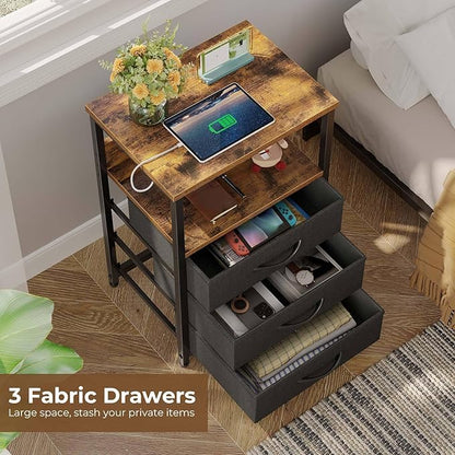 Seventable Nightstand with Charging Station and LED Light, Side Table with 3 Fabric Drawers, Bedside End Table with USB Ports and Outlets, Night Stand for Bedroom, Rustic Brown