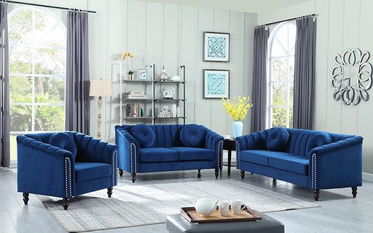 Sectional Sofa Set, Microfiber Chesterfield Upholstered Sofas Loveseat Couch Chair Sets with Style Button Tufted, Scroll Arms and Nailhead for Living Room, Office, Apartment, Blue,3PCS