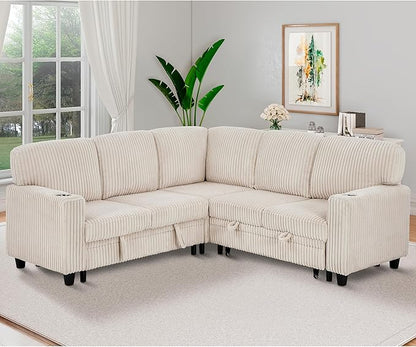 Ball & Cast Modular Sectional Sleeper Sofa Bed,L-Shaped Couch W/Pull Out Bed and USB Charging,Cupholders&Storage Seats,Convertible Sleeper Sofa Beds for Living Room,Apartment,Corduroy Fabric,Beige,81"