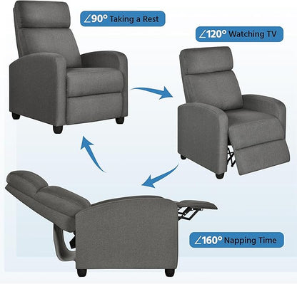 Yaheetech Fabric Recliner Chair Sofa Ergonomic Adjustable Single Sofa with Thicker Seat Cushion Modern Home Theater Seating for Living Room Matte Grey
