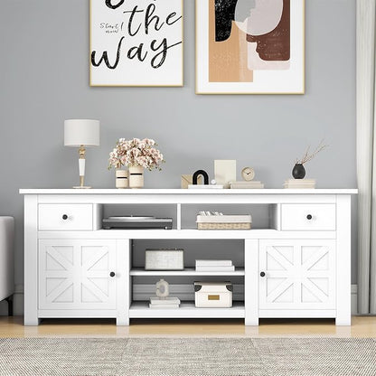 DWVO Farmhouse TV Stand for 75/80 Inches TVs, Entertainment Centers Furniture 30" Tall, TV Consoles with Storage Drawers & Power Outlet, Rustic TV Stands for Living Room, White