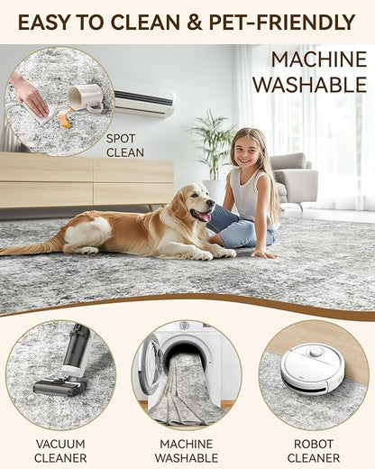 Washable Area Rugs 6'x9' Non-Slip Modern Abstract Soft for Living Room Entryway Bedroom Nursery, Print Pattern, Gray White Grey