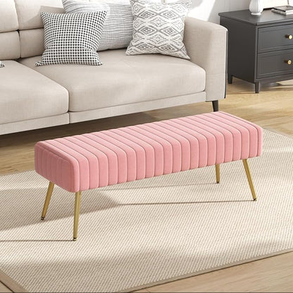 Furniliving 44 Inch Velvet Bench, Upholstered Tufted Striped Fabric Bedroom Bench with Golden Metal Legs, Ottoman for Living Room, Solid Wood Indoor Bench for Foyer (Pink)