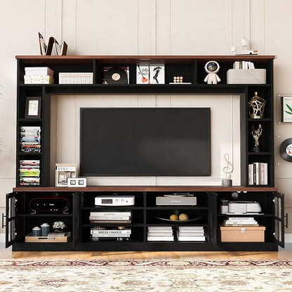 95.5" Wall Unit TV Stand Set with Bookshelves, Entertainment Center for Televisions Up to 80", Large Media Console with Cabinets and Tempered Glass Doors for Living Room
