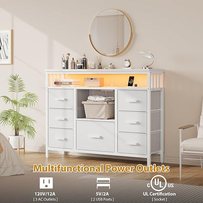 7 Drawer Dresser TV Stand with Power Outlets and LED Lights, Entertainment Center with Open Shelf, Media Console for 50“ TV, Dresser for Bedroom (White)
