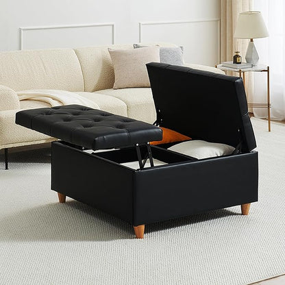 GAOMON Leather Storage Ottoman Coffee Table with Lift Top, Faux Leather Tufted Upholstered Ottoman with Storage, Large Square Storage Ottoman Bench for Bedroom Living Room(Leather, Black)