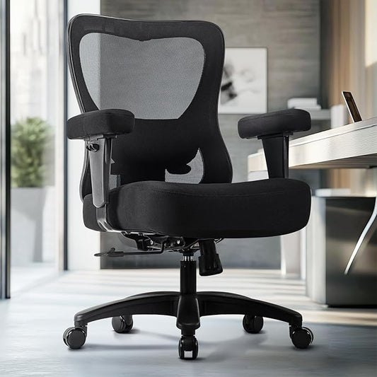 Big and Wide Office Chair 500lbs，Ergonomic Desk Chair with 4 Way Adjustable Lumbar Support, Thicker Seat Cushion, 2D Armrest, Rocking Function, Stable Comfy Computer Mesh Chairs, Black