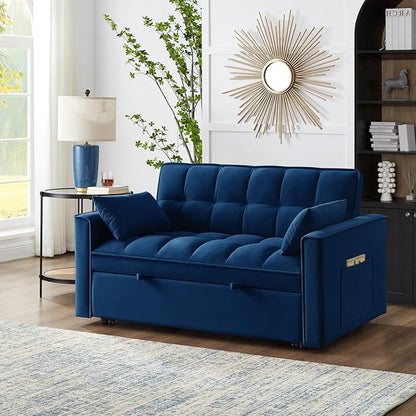 KEIKI Velvet Loveseat Convertible Sofa Bed Sleeper Chair with Adjustable Backrest, Pillows & Storage Pockets, 3 in 1 Pull-Out Couch Chaise Lounge Recliner for Living Room Balcony Bedroom, Navy