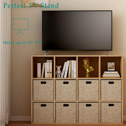 12-Cube Storage Shelf Bookcase - Wooden 3-Tier Floor Standing Open Bookshelf for Home and Office, Display Cabinet, Oak