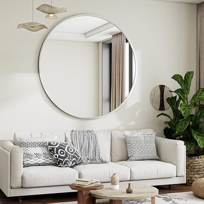 Black Round Bathroom Mirror, 42 inch Large Circle Wall Mounted Hanging Mirror with Simple Modern Circular Metal Frame for Hallway, Entryway, Living Room, Silver Frame