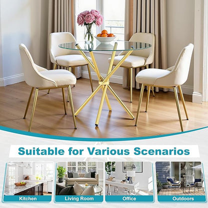 Kitchen Table for 2 Modern 36.6" Round Glass Table Small Tables with Trestle Metal Leg for Living Room and Apartment, Gold