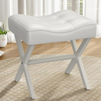 18-Inch Large Leather Vanity Stool, Vanity Chair with Metal X-Leg, Ottoman Foot Stool with Thick Padded Saddle Seat, White