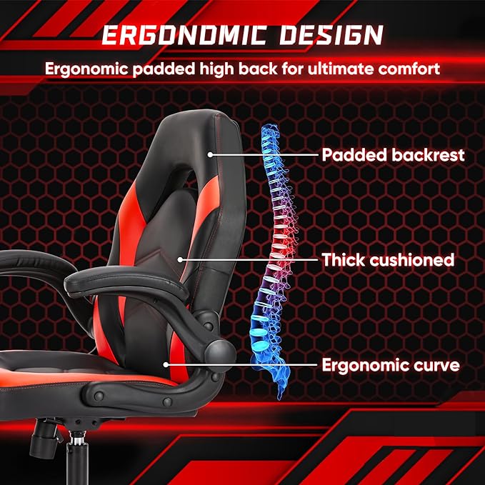 OLIXIS Computer Gaming Desk Chair - Big and Tall Ergonomic Comfy Lumbar Support with Flip-up Armrest and 360° Swivel Wheels, PU Leather Height Adjustable, for Home and Office, Red