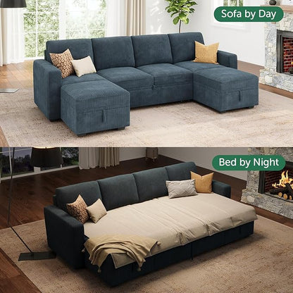 HONBAY Modular Sectional Sleeper Sofa Bed, Corduroy Pull Out Couch with Storage Ottoman, U Shaped Sectional Couches for Living Room, Blue