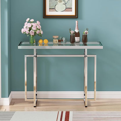 ASYA Glass Console Table for Entryway, Modern Entryway Table with Tempered Glass & Chrome Frame, Silver Sofa Table for Living Room Hallway