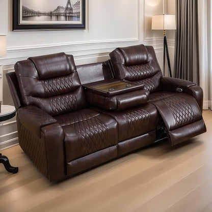 Loveseat Recliner Sofa, Reclining Loveseat Leather Couch with Storage Console, Modern Comfy Home Theater Seating Power Recliner Chair with Cup Holders for Living Room Furniture Sets, Brown