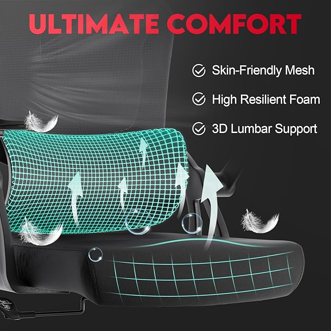 Big and Tall Ergonomic Office Chair，400LB Comfy Desk Chairs with Lumbar Back Support, Heavy Duty Mesh Computer Chairs with Wheels and Arms Comfortable for Home Office, Study, Bedroom