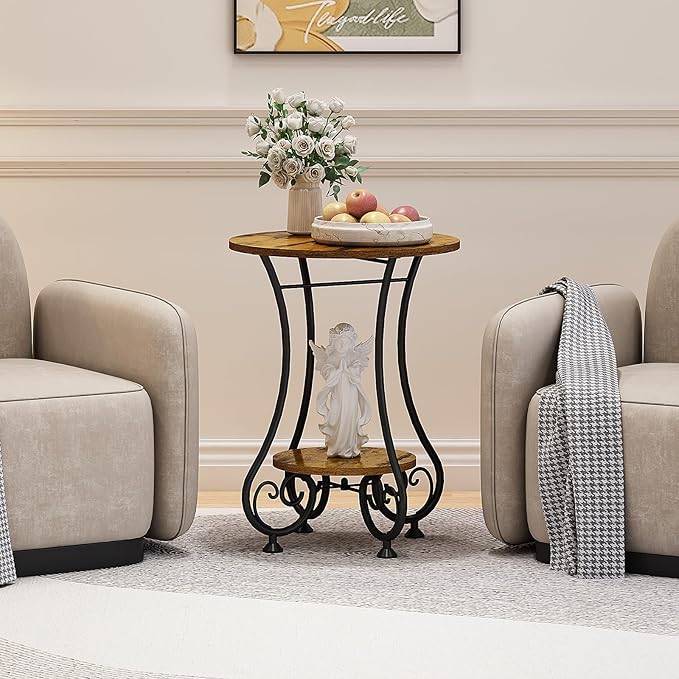 Side Table,Small Round End Table with Lower Shelf for Small Spaces, Portable Couch Sofa Coffee Table,Bedside Nightstand Table with Metal Frame,Retro Accent Drink Table for Living Room Bedroom Balcony