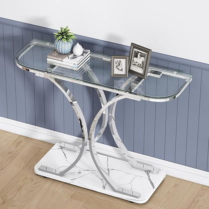 O&K FURNITURE Silver Glass Console Tables for Entryway,Glass Entryway Table with Curved Frames and Marble Base, Modern Entrance Table Sofa Table for Living Room,Hallway,Silver Glass&White Marble