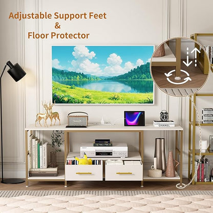 TV Stand for 75 Inch TV, TV Stands for Living Room with 2 Storage Drawers, Entertainment Center with Power Outlets, TV Stand for Bedroom, Television Stands, White/Gold
