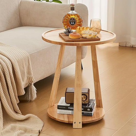 CozyDH Round End Table, Wooden Narrow/Little Coffee/Sofa/Couch SideTable with Lower Shelf for Living Room Bedroom, Solid Wood Bedside Nightstand, Natural