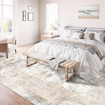 9x12 Washable Area Rug Beige Grey Neutral Abstract Living Room Bedroom Large Throw Rug Non Slip Soft Low Pile Indoor Floor Carpet for Dining Room Kitchen Office Entryway