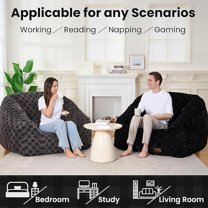Bean Bag Chairs for Adults, Giant Beanbag Sofa Comfy Reading Chair, Oversized Bean Bag Chairs for Living Room Bedroom, Soft Faux Fur Fabric, 3.2FT, Black, Checkered