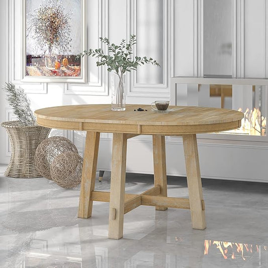 Need Extendable Farmhouse Round Dining Table with 16" Leaf - Solid Wood Kitchen Table, Adjustable Size for Small Spaces (Natural Wood Wash)