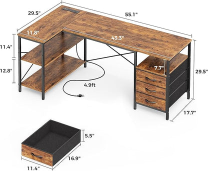 Huuger L Shaped Office Desk with Power Outlets, 55 Inch Computer Desk with 3 Drawers, Shelves, Reverisble for Gaming Corner Work Home Office Study, Rustic Brown