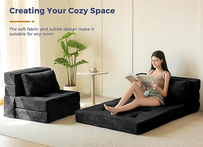 MAXYOYO Convertible Sofa Bed, Fold Out Single Sleeper Sofa with Pillow, 4 in 1 Tufted Folding Couch Bed Foam Floor Couch, Lazy Chair for Living Room Bedroom Guest Room, Black