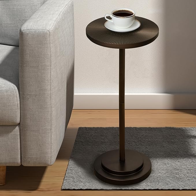 Drink Table, Carved Table Top Martini Table, Small Side Table, Weighted Base Pedestal Table for Living Room, Bedroom, Bathroom, Brown