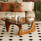 Glass Coffee Table for Living Room Mid Century Modern Triangle Center Table with Wooden Base, Brown/Walnut