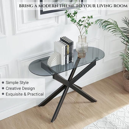 Modern Glass Oval Console Table, Entryway Hallway Narrow Sofa Table, Entrance for Entryway, Living Room, Foyer, Hallway, Office， 45" Lx18 Wx30 H Black
