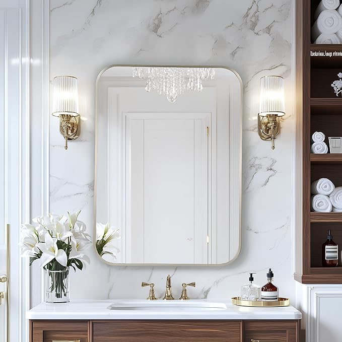 MZON 24x32Inch Brushed Nickel Bathroom Mirror, Rectangle Wall Mounted Mirror for Bathroom or Entryway, Anti-Rust Frame & Tempered Glass, Hangs Horizontally/Vertically - Farmhouse or Bathroom Decor