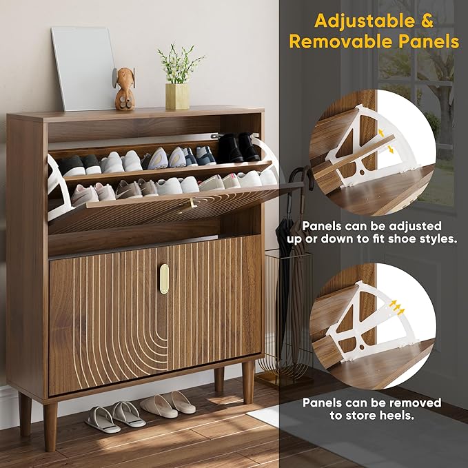 Smuxee Shoe Cabinet with 2 Flip Drawers, 31.5" Walnut Hidden Shoe Storage Cabinet with Line Groove Design, Freestanding Shoe Organizer Cabinet for Entryway, Hallway, Living Room