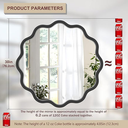 PROHOMEWARE Black Round Mirror 30 Inch Wavy Bathroom Vanity Mirror Black Frame Modern Wall Mirror Decorative Wall-Mounte Anti-Rust, Tempered Glass