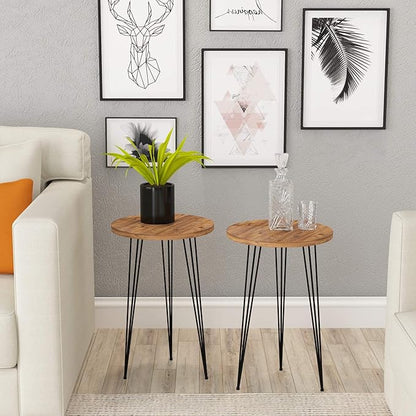 PAK HOME - Set of 2 End Table – Pine Wood Round Wood Sofa Side Coffee Tables for Small Spaces, Nightstand Bedside Table with Black Metal Legs for Bedroom, Living Room, Home Office, Balcony
