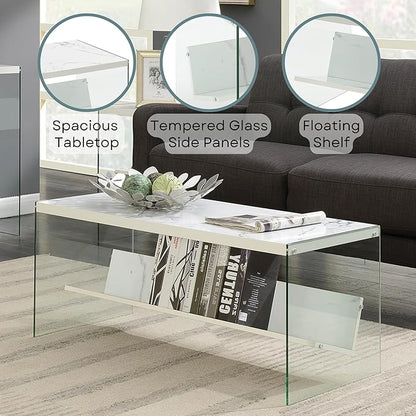 Convenience Concepts SoHo Glass Modern Living Storage Shelf, Contemporary Coffee Table for Family Room, 40", Faux White Marble