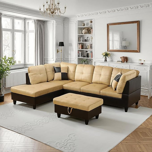 NicBex Sectional Couch 3 Pieces Sofa Set with Right Chaise Lint PVC L Shaped Cloud Couch for Living Room Furniture Sets with Storage Ottoman, Modular Sofa for Living Room & Apartment, Beige+Black