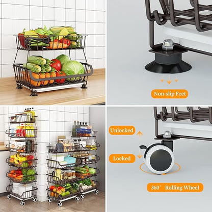 Fruit Vegetable Storage Basket for Kitchen - 4 Tier Stackable Metal Wire Baskets Cart with Rolling Wheels Utility Fruits Rack Produce Snack Organizer Bins for Pantry Bathroom Laundry Bronze