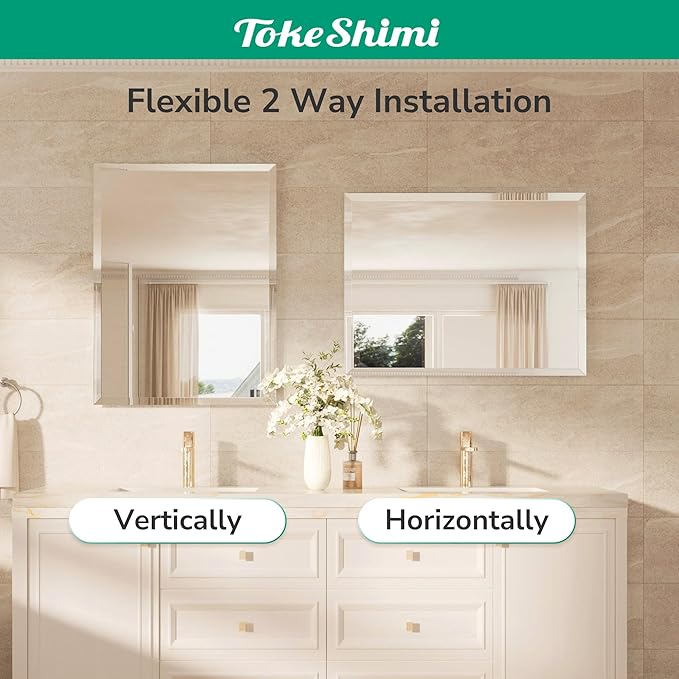 TokeShimi 60x36 Frameless Beveled Bathroom Mirror Rectangle, Tempered Rectangle Bathroom Vanity Mirror with 1" Beveled Edge, Shatterproof Modern Mirrored Wall Mounted for Living Room, Restroom