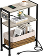 Small Narrow Side Table with Charging Station, Skinny End Table for Small Spaces, Slim Nightstand with Outlets, Sofa Bedside Table in Living Room, Bedroom, Kitchen and Balcony (Greige)