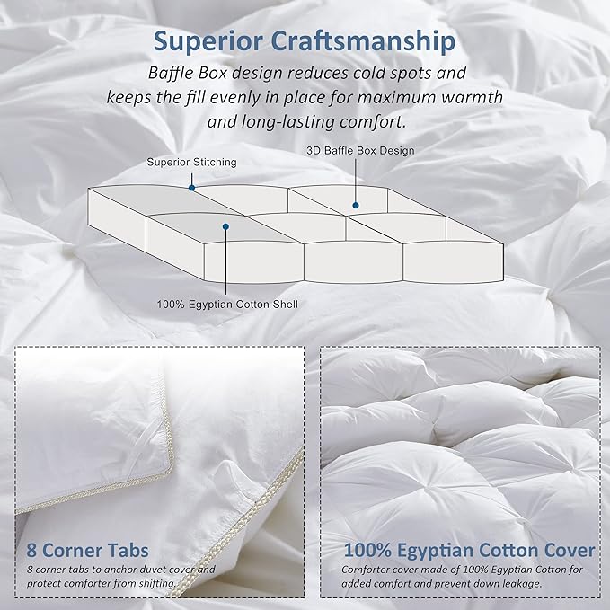 Luxurious All-Season Goose Down Feather Fiber Comforter Twin Size Duvet Insert, Exquisite Pinch Pleat Design, Premium Baffle Box, 100% Egyptian Cotton Cover, 50 oz. Fill Weight, White