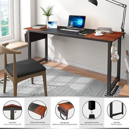 Decoholic 63 Inch Home Office Computer Two-Color Panel Desk with Storage Bag and Hook, Black, Sandalwood Color, Industrial Modern Laptop Desk