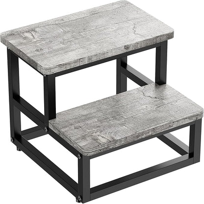Step Stools for Kids Adults, Heavy Duty Stepping Stools Bed Steps for High Beds, Non-Slip Metal and Wooden 2 Steps Foot Stool for Bedside Kitchen, Round Corner, 500 Lbs Capacity, Gray Pattern