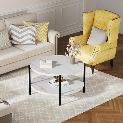 Round Coffee Table, 27.6" Circle Coffee Table for Living Room, 2-Tier Wood Accent Center Table with Open Storage Industrial Design Home Furniture, White