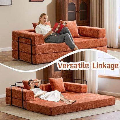 Convertible Sofa Bed, Compression Futon Sofa with Pillows & Armrest, Foldable Mattress Couch with Fixed-Shape Frame, Comfy Couch Lounge Sleeper Bed for Living Room Bedroom, Orange